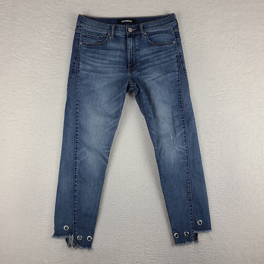 EXPRESS Jeans Womens 6 Blue Vintage‎ Skinny High Rise Dark Wash Fray Denim
